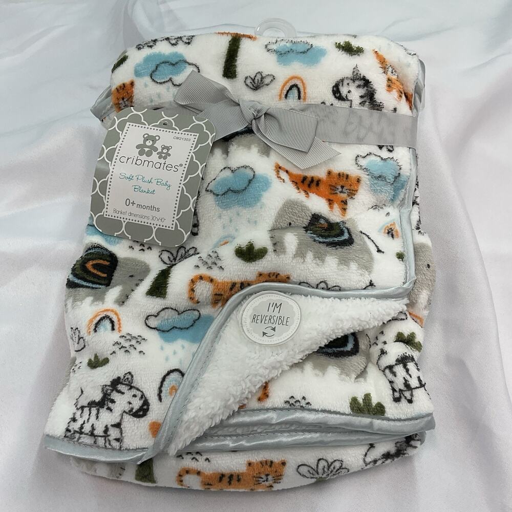 Cribmates Baby Blanket White Gray Satin Jungle Zoo Safari Animal Elephant Zebra - Picture 2 of 4
